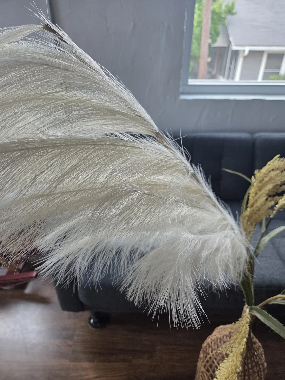 Woven Rattan Floor Vase with White Pampas Grass and Gold Accents